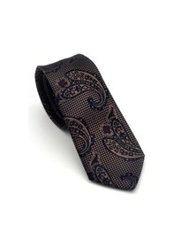 Resim Gaffy Kahverengi Şal Desenli Lacivert Dokuma Kumaş Mendilli Slim Fit Kravat // Sdk-2606-2 Lacivert 