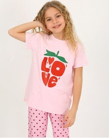 Resim Kız Çocuk Kısa Kollu %100 Pamuklu Pijama Takımı Cute Love Toz Pembe 
