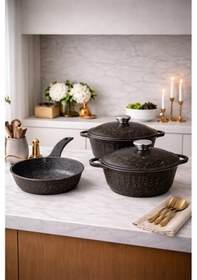 Resim Roma Serisi 5 Parça Mini Döküm Tencere Seti Füme Alüminyum 