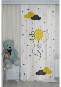 Resim Gri Sarı Balonlu Çift Kanatlı Çocuk Odası Fon Perde 