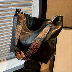 Resim Bohem Tarzı Büyük Kapasiteli Kadın Omuz Çantası - Geniş Askılı Vintage Tote, Siyah/Beyaz, Altın Tonlu Donanım, Polyester Astar, Günlük Kullanım İçin Rahat Çanta | Dekoratif Desenli Çanta | Karmaşık Dikiş Tasarımı 