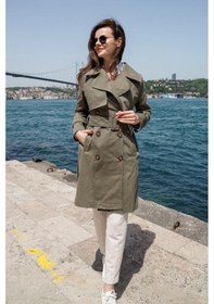 Resim Pastelastore %100 Pamuk Gabardin Midi 95cm Astarlı Kemerli Kadın Trençkot 1113 Haki 