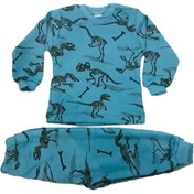 Resim Neşeli Bebek Mavi Unisex Dinozor Baskılı Pijama Takımı 9-12 Ay 