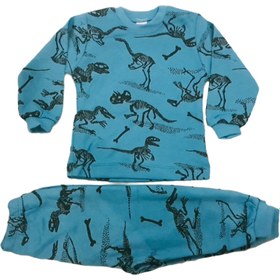 Resim Neşeli Bebek Mavi Unisex Dinozor Baskılı Pijama Takımı 9-12 Ay 