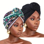 Resim 2'li Kadın Moda Turban Şapkaları, Afrika Baskılı Polyester Başörtüsü, Elastik Triko Baş Sarmaları, Elde Yıkanabilir, Tüy Yok, Rastgele Tie-Dye Desenler 