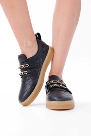 Resim RASEAL SHOES Kadın Sneaker Rahat Altın Renkli Zincir ve İnci Detaylı Cırtlı Spor Ayakkabı Siyah 