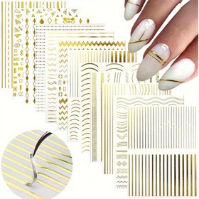 Resim 6 adet 3D Altın İplik Tırnak Sanatı Sticker Seti - Parıldayan, Kendinden Yapışkanlı Benzersiz Fransız Manikür Tasarımları & Parlak Bitiş, Fantastik Desenler - Güzellik Tutkunları İçin İdeal Hediye, Tırnak Stickerları, Tırnak Stickerı, Tırnak Sanatı Malzemeleri, Manikür Temelleri, Zarif Tırnak Tasarımları, Yüksek Kaliteli Yapıştırıcı, Salon Profesyonelleri, Kendin Yap Manikür, Dayanıklı Yapıştırıcı, Salon Sahipleri, Çizgili Tırnak Stickerı, Tırnak Sanatı, Tırnak Tasarım Stickerları 