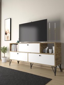 Resim Wood'n Love Mia 160 Cm Metal Ayaklı Tv Ünitesi - Konsol - Atlantik Çam - Beyaz \u002F Siyah 