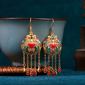 Resim Vintage tarzı altın kaplama bakır balık püskül küpeler, cam süslemeler 