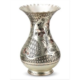 Resim Gül Çiçek Gümüşlü İşlemeli Bakır Vazo 