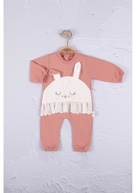 Resim Tavşan Nakışlı Güpürlü % 100 Pamuk Kız Bebek Tulumummmmm Pembe 