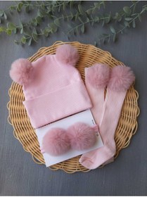 Resim pempem bandana Kız bebek peluş ponponlu kaskorse bere ponpon bant ve dizalti çorap takimi 