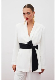 Resim Sateen Beli Kuşaklı Uzun Ceket - Ekru 