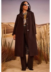 Resim Galaxi Kadın Büyük Beden Astar Desenli Cepli Kaşe Kaban 4003 Kahverengi Kahverengi 