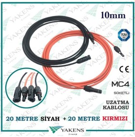 Resim Güneş Paneli Uzatma Kablosu 20m+20m 10mm Çift Taraflı Mc4 Soketli Solar Ara Kablo Siyah Kırmızı 