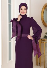 Resim Raika Moda Kol Detaylı Firuze Şifon Tesettür Abiye Mor 