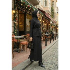 Resim Modestim Kadın Çapraz Düğme Tesettür Ikili Takım Kuşaklı Tunik Uzun Etek Takım Günlük ve Şık Kombin Siyah 