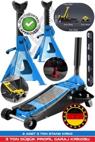 Resim HEİLBER ALMAN 3 TON BLUE ÇİFT PİSTONLU DÜŞÜK PROFİL GARAJ ZEMİN KRİKOSU + 2 ADET 3 TON TUTUCU STAND KRİKO 