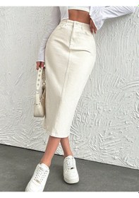 Resim Dema Kadın Ekru renk Yüksek Bel Pamuklu Bilek Boy Denim Etek 