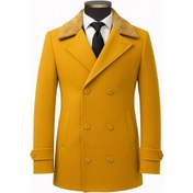 Resim Erkek Kürklü Yaka Kaşe Kaban Slim Fit Çift Düğmeli Kışlık Mont Hardal Sarısı 
