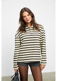 Resim Grimelange Muse Kadın Çizgili Triko Polo Yakalı Regular Fit Sarı Sweatshirt Sarı 