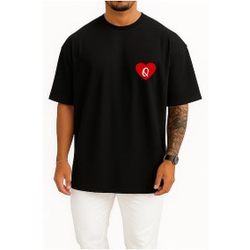 Resim Bahriyeli Collection Oversize Sevgililer Günü Özel Kalp İçinde Q Harfi Cep Baskılı Unisex T-shirt Siyah 