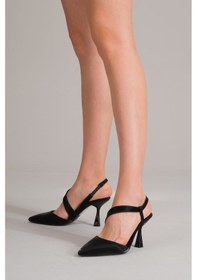 Resim Feles Çapraz Detaylı Arkası Açık Stiletto Kadın Topuklu Ayakkabı Siyah-Rugan 
