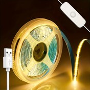 Resim COB LED şerit ışık, metre başına 320 LED, yüksek parlaklık, DC 5V USB arayüzü, basmalı anahtar, 1 ila 5 metre uzunluk seçeneği, DIY projeleri için uygun, yatak odası, TV arka aydınlatma, mutfak ve ev dekorasyonu için ideal, kendinden yapışkanlı bant 