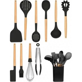 Resim Okaliptus Standlı 11 Parça Mutfak Seti Isıya Dayanıklı Silikon Yanmaz Yapışmaz Çizmez - Siyah 