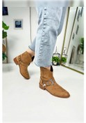 Resim Günlük Kadın Düz Süet Bot Oval Burunlu Toka Detaylı Tırtıklı Taban Kovboy Bot 281 Taba Süet Taba 