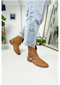 Resim Günlük Kadın Düz Süet Bot Oval Burunlu Toka Detaylı Tırtıklı Taban Kovboy Bot 281 Taba Süet Taba 