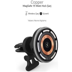 Resim 15w Hızlı Manyetik Araç İçi Metal Magsafe Kablosuz Şarj Standı Ve Telefon Tutucu Simex Copper 