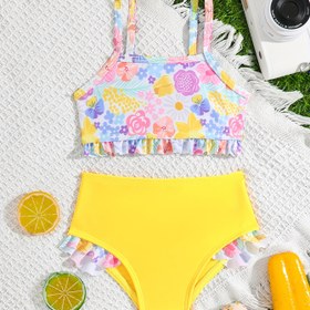 Resim Kız Bebek İçin Yarıklı Gökkuşağı Çiçekli Güneş Koruyucu Mayo Takımı + Fırfır Şortlu Plaj Giyimi 