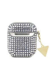 Resim Apple Uyumlu AirPods Kılıf Guess Lisanslı Parıltılı Taş Kaplamalı Üçgen Logo Süs Zincirli Gümüş 