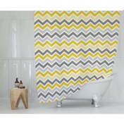 Resim Duş Perdesi Zigzag Desen Banyo Perdesi Polyester Kumaş 180X200Cm Sarı-Lacivert 
