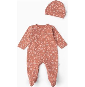Resim Boumini Bebek Patikli Tulum Şapka Set Bahar Çiçekli Kiremit Kiremit 