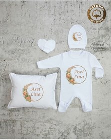 Resim yzc home size dair... K73 Ty Isme Özel Isimli Baskılı Bebek Yastık Tulum Şapka Eldiven Set Hastane Çıkışı 