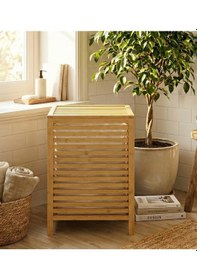 Resim Bambu Kirli Banyo Çamaşır Sepeti İki Bölmeli Dekoratif Kare Doğal Bambu 45 45 63cm Kahverengi 