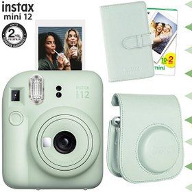 Resim Instax Mini 12 Yeşil Şipşak Fotoğraf Makinesi-20'li Film-Laporta Albüm ve Deri Kılıf Seti 