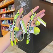 Resim Tek Kadın Tenis Spor Çantası Şarj Anahtarlık - Karikatür Tenis Topu ve Halat Tasarımı, Dayanıklı Demir Halka ile Halka Tokası, Canlı Sarı ve Siyah Çizgili Aksesuar, Spor Çantası, Anahtar Düzenleyici, Rahat Aksesuar, Spor Aksesuarı, Kaliteli El Sanatları 