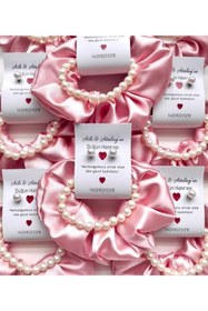 Resim ORYO İnci küpe + Saten toka + İnci bileklik 20 adet Kına Düğün Nişan Nikah hatırası 