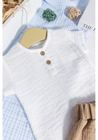 Resim Pamuklu Müslin Düğmeli Alt Üst Şortlu Yazlık Erkek Bebek Takımı Bej 