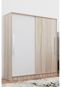 Resim AE-4001 Zambak Sürgülü Dolap Çok Raflı Çekmeceli Askılı Sonomo/Beyaz Kapaklı Gardırop 