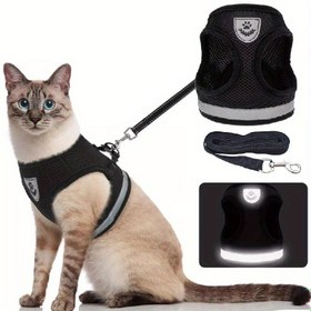 Resim Nefes Alabilen Kedi Tasma ve Kayış, Kaçışsız Evcil Hayvan Giysileri Kedi Yeleği Ayarlanabilir Kolay Kontrol Yansıtıcı Kedi Tasma 