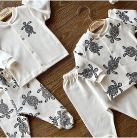 Resim PATSAN Organik Pamuk 4'lü Penye Bebek Alt Üst Patikli Pijama Takım Kaplumbağa Caretta Caretta 