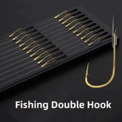 Resim 20'li Altın Karbon Çeliği Çift Olta iğnesi ile Keskin Barb, 10 Çift 45cm/17.72in, Dayanıklı Paslanmaz Kolay Kullanılan Çipura ve Levrek Olta Avı için İdeal - Olta Aksesuarları ve Lider Olta için Uygundur 