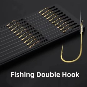 Resim 20'li Altın Karbon Çeliği Çift Olta iğnesi ile Keskin Barb, 10 Çift 45cm/17.72in, Dayanıklı Paslanmaz Kolay Kullanılan Çipura ve Levrek Olta Avı için İdeal - Olta Aksesuarları ve Lider Olta için Uygundur 
