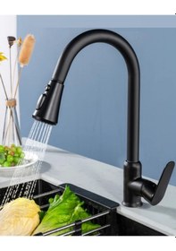Resim Siyah Spiralli Mutfak Evye Bataryası Çift Modlu Tasaruf Fonksiyonlu Mat Siyah Uzatmalı Eviye Musluk Mavi 