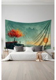 Resim Gün Batımında Yalnızlık Desenli Duvar Halısı Duvar Örtüsü Tapestry Süet Dokulu Kumaş 