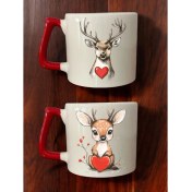 Resim Kalp Geyik Baskılı 2'li Kahve Bardağı Seramik Kupa - Seramik Çay, Kahve Hediyelik Bardağı 